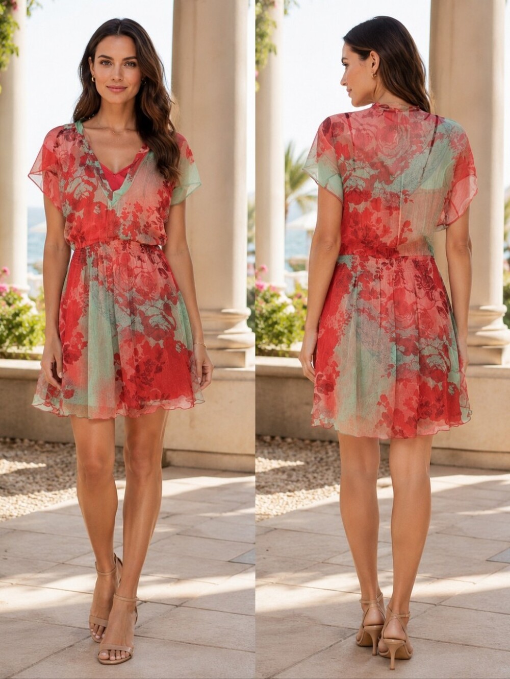 MNG Floral Chiffon Dress S Coral Mint Sheer V-Neck Viscose Boho Romantic Vibrant